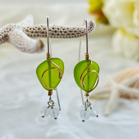 Lime Green with Island Wave Wire-Wrapped Earrings - Picture 1 of 5